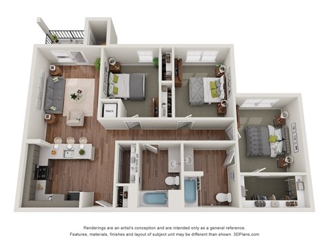Floor plan for 3 beds, 2 baths, 1148 sqft